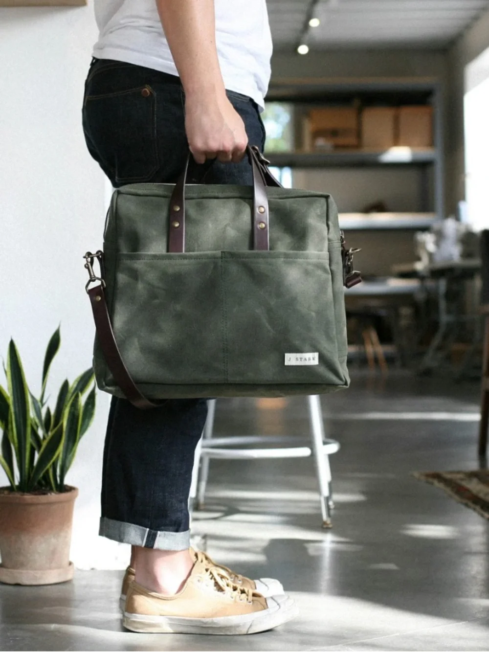 J. Stark Prospect Briefcase Canvas Messenger Waxed Rare Bag Leather Trim